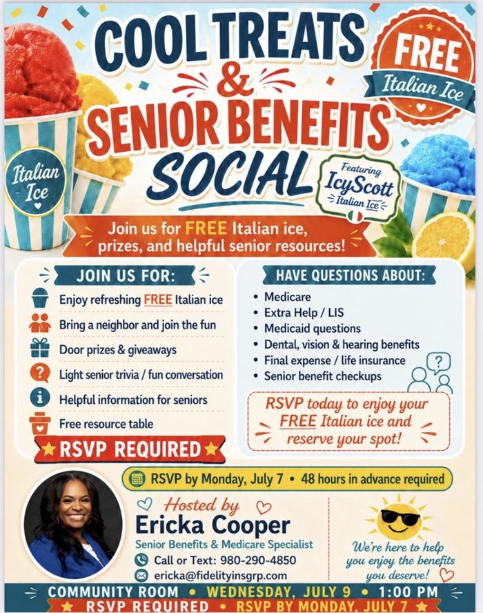 Cool Treats and Senior Benefits Social event flyer